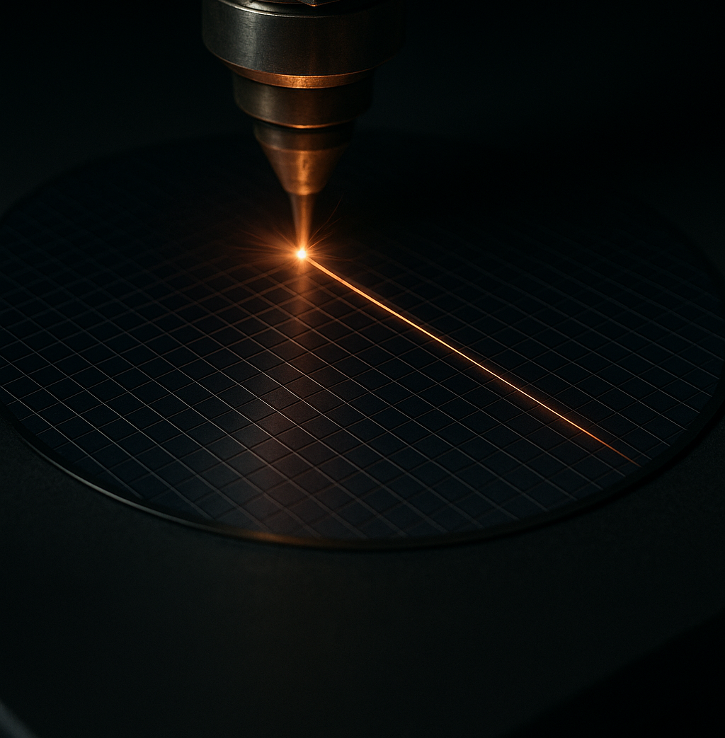 Precision laser processing on semiconductor wafer